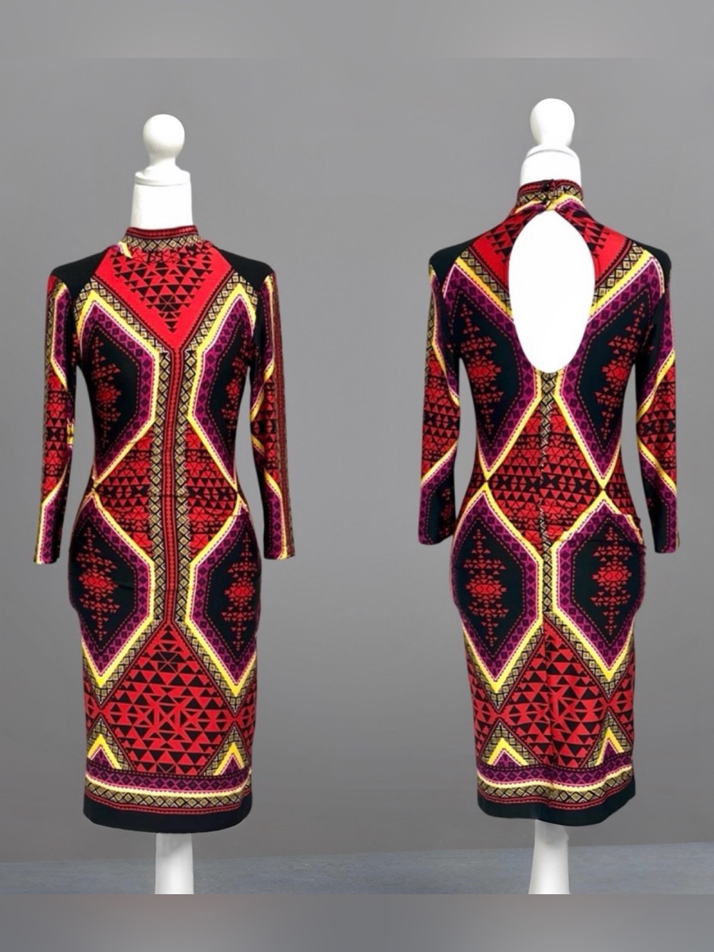 Red Geometric Bodycon Dress with Open Back